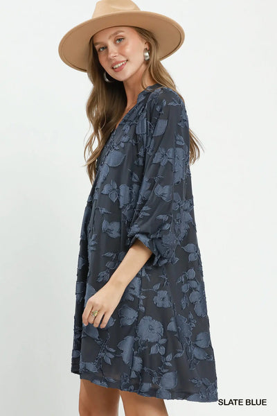 Velvet Floral Textured Babydoll Dress - Slate Blue