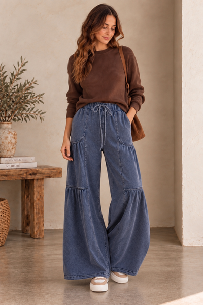 Tiered Wide Leg Drawstring Pants - Denim Blue