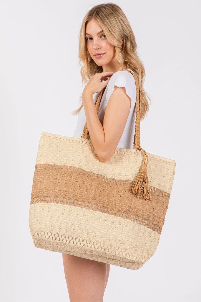 Two Toned Woven Straw Tote Bag - Taupe