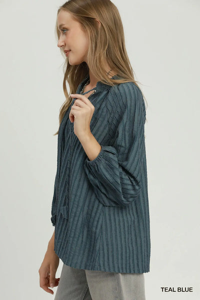 Textured Tie Neck Blouse - Teal Blue