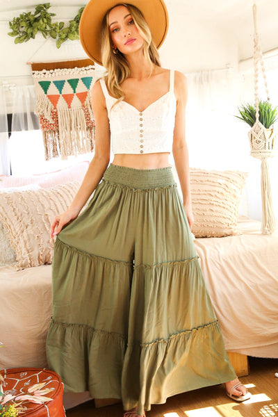 Maxi Tiered Wide Leg Palazzo Pants - Olive