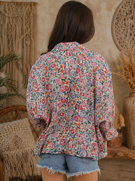 Button Front Collared Printed Floral Ruffled Top - Ivory Multi