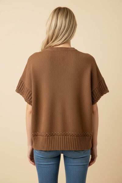 Textured Short Sleeve Knit Sweater - Mocha
