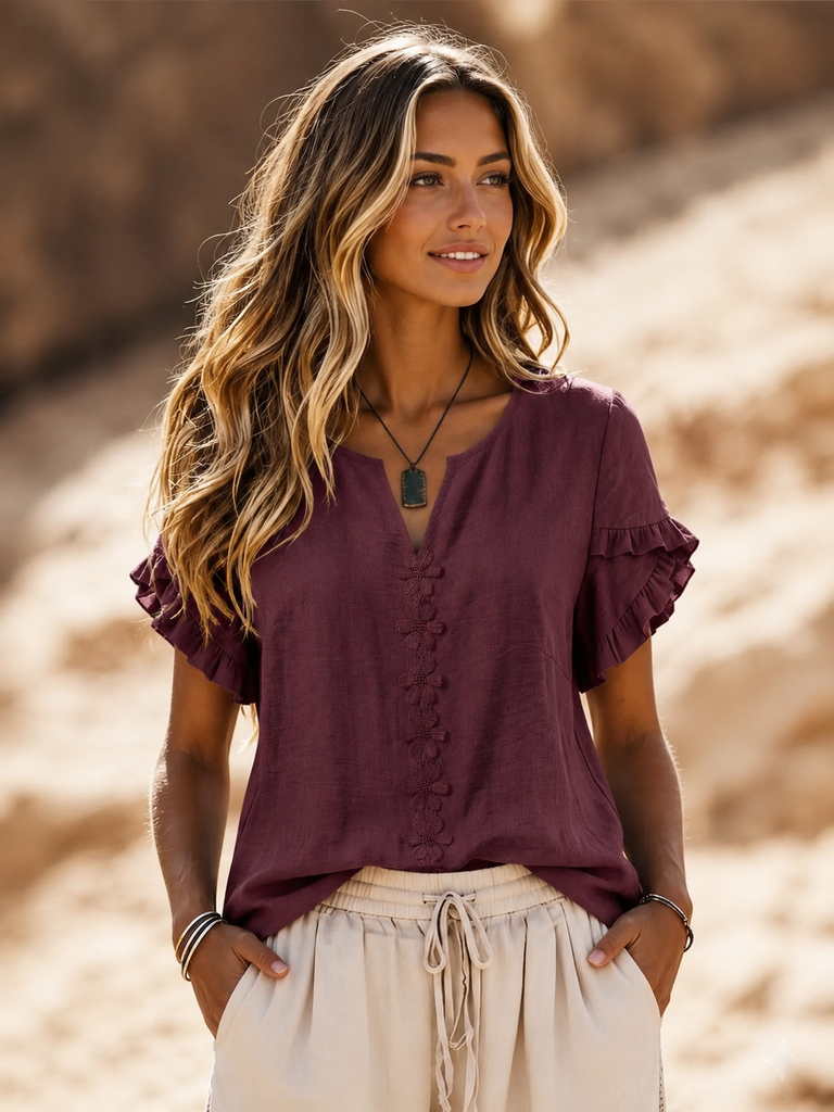 Boho Floral Embroidery V-Neck Top - Wine