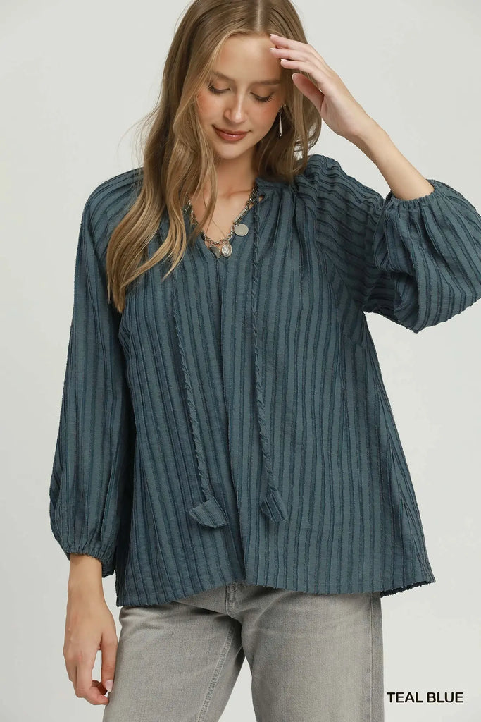 Textured Tie Neck Blouse - Teal Blue