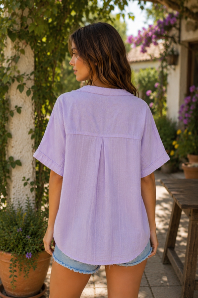 Mineral Washed Floral Eyelet V-Neck Top - Light Lavender