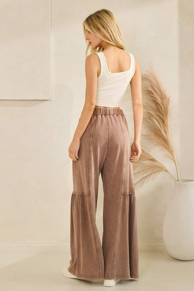 Tiered Wide Leg Drawstring Pants - Brown