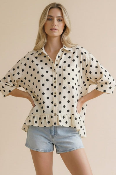 Peplum Polka Dot Print Top - Ivory/Black