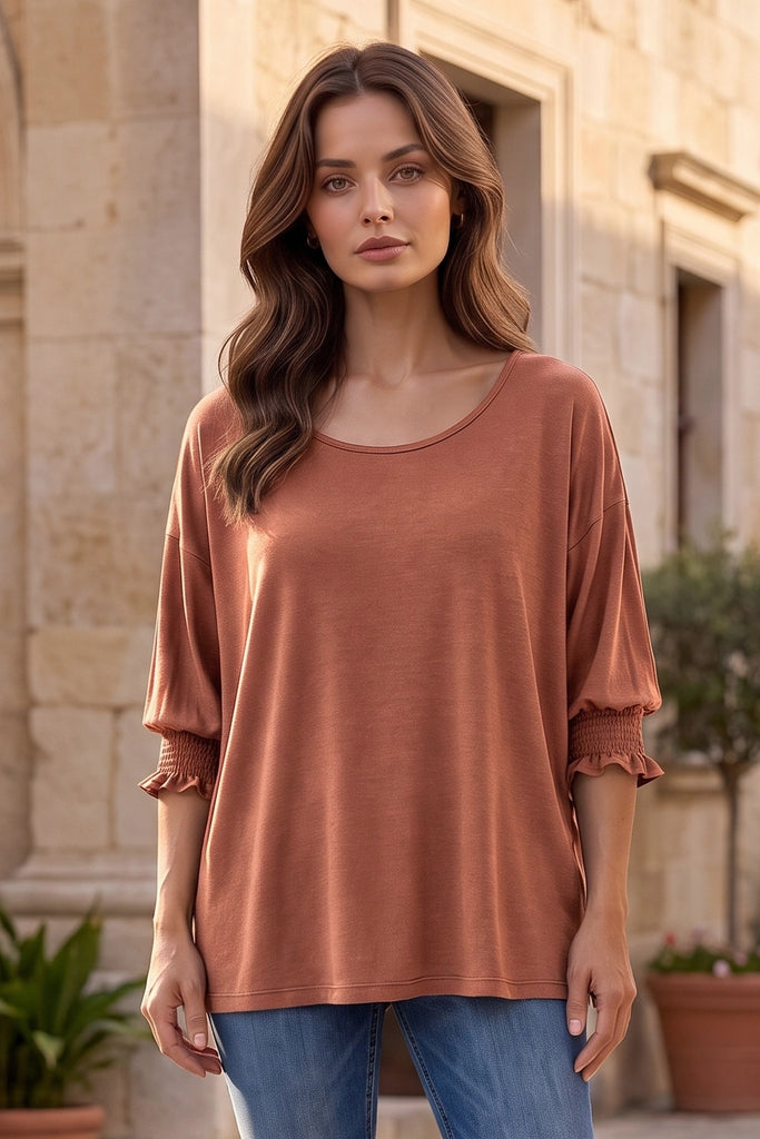 3/4 Sleeve Smocked Blouse - Caramel