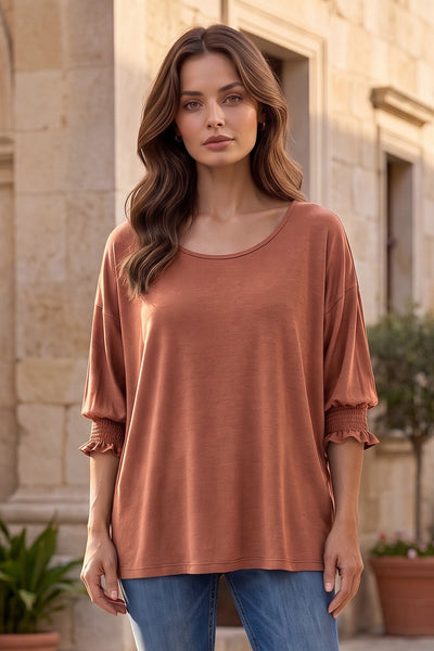 3/4 Sleeve Smocked Blouse - Caramel