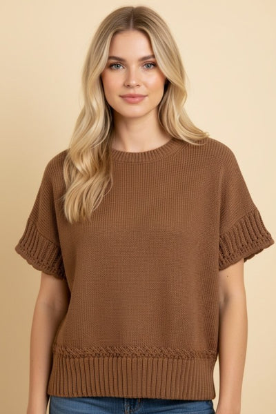 Textured Short Sleeve Knit Sweater - Mocha