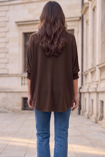 3/4 Sleeve Smocked Blouse - Chocolate