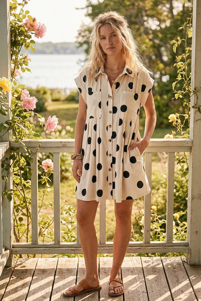 Polka Dot Button Down Dress - Cream/Black