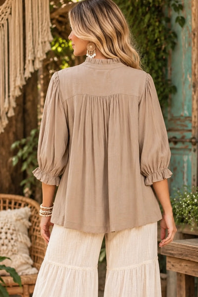 Smocked Yoke Button Front Blouse - Mushroom