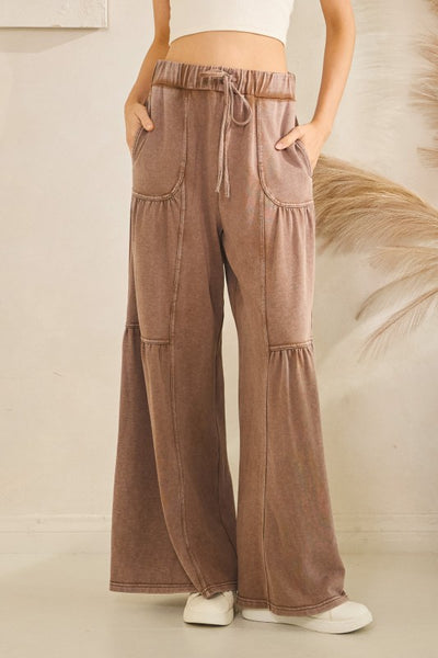Tiered Wide Leg Drawstring Pants - Brown