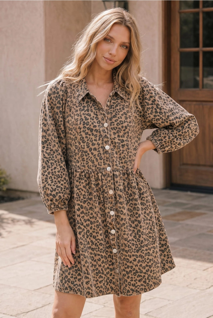 Leopard Print Denim Dress - Taupe