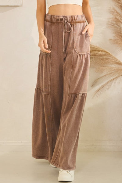 Tiered Wide Leg Drawstring Pants - Brown