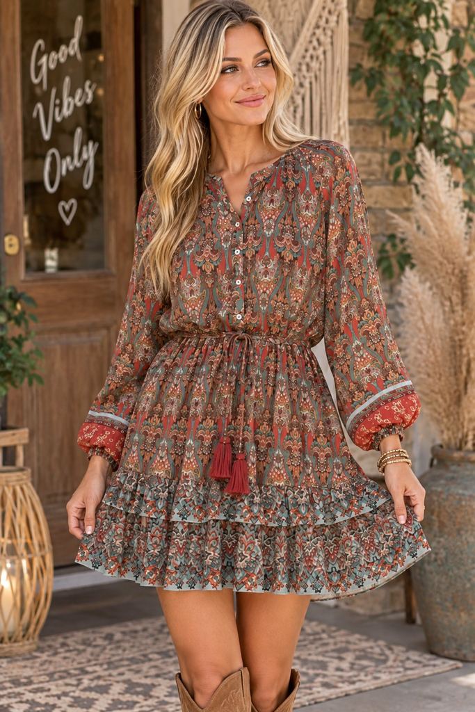 Boho Paisley Print Tiered Dress - Brick