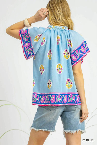 Boho Bloom Border Print Top - Blue