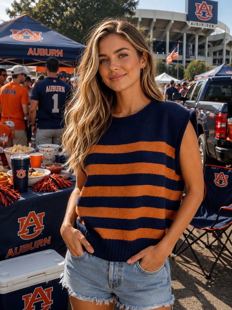 Striped Sleeveless Knit Top - Navy/Orange