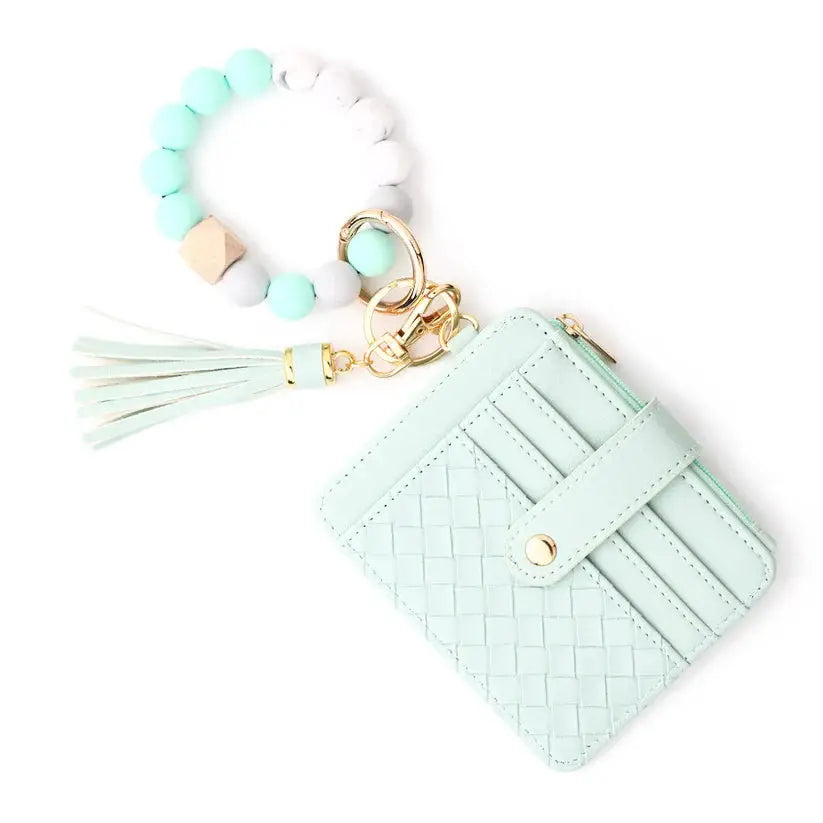 Quilted Beaded Keychain Bracelet Wallet - Seafoam
