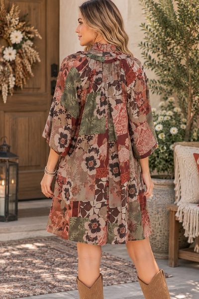 Mixed Floral Print Dress - Russet