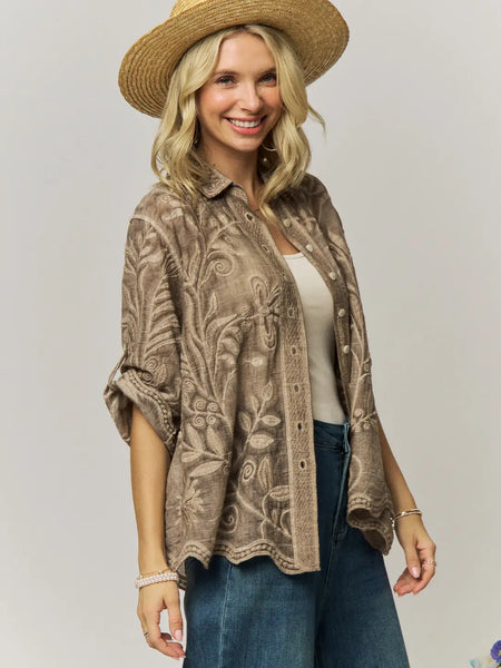 Vintage Boho Embroidered Button Down Blouse - Mocha
