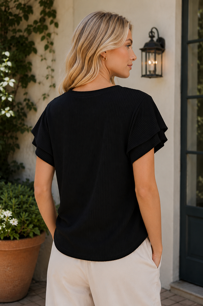Layered Ruffle Sleeve Top - Black
