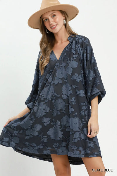 Velvet Floral Textured Babydoll Dress - Slate Blue