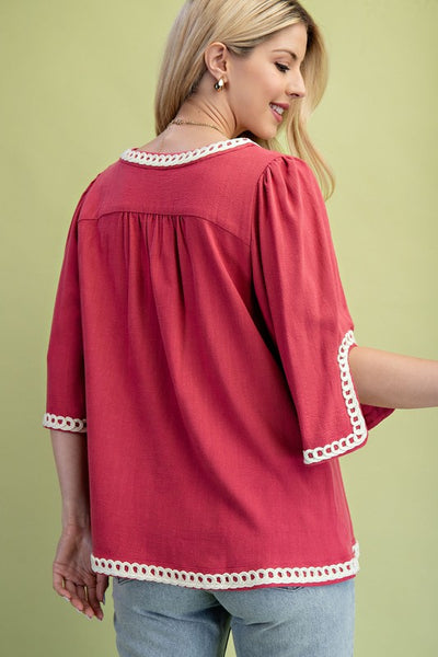 3/4 Sleeve Embroidered Top - Raspberry