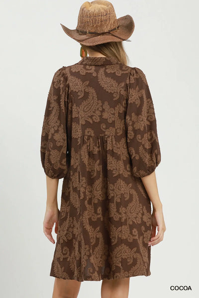 Paisley Print Puff Sleeve Babydoll Dress - Cocoa