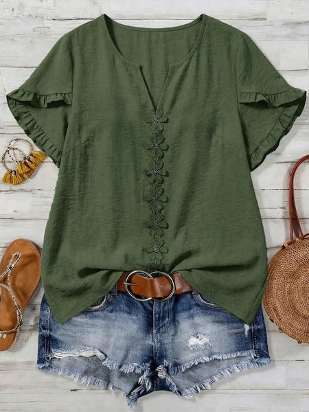 Boho Floral Embroidery V-Neck Top - Olive