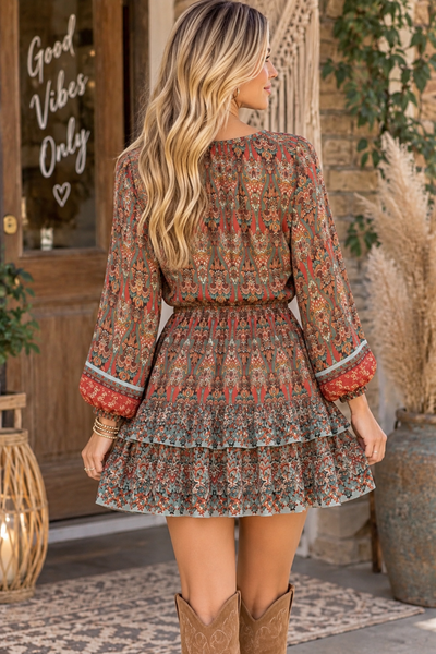 Boho Paisley Print Tiered Dress - Brick