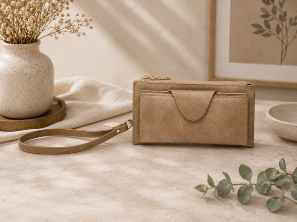 Wallet w/ Snap Closure & Zip Pocket - Taupe