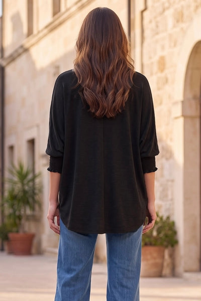 3/4 Sleeve Smocked Blouse - Black