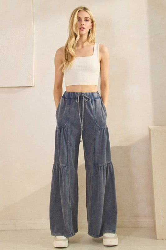 Tiered Wide Leg Drawstring Pants - Denim Blue