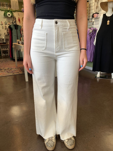 Front Pocket Wide Leg Cropped Jeans - White