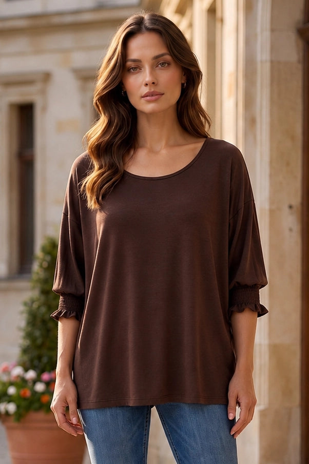 3/4 Sleeve Smocked Blouse - Chocolate