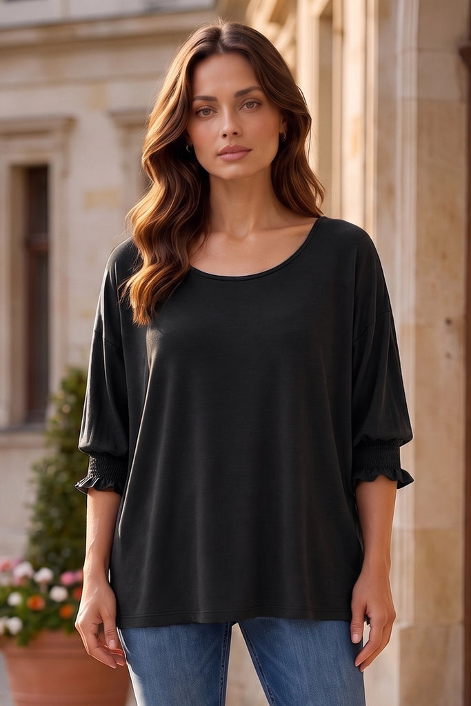 3/4 Sleeve Smocked Blouse - Black