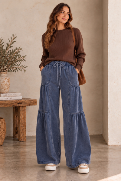 Tiered Wide Leg Drawstring Pants - Denim Blue