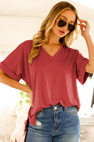 Rolled-Up Sleeve Top - Burgundy