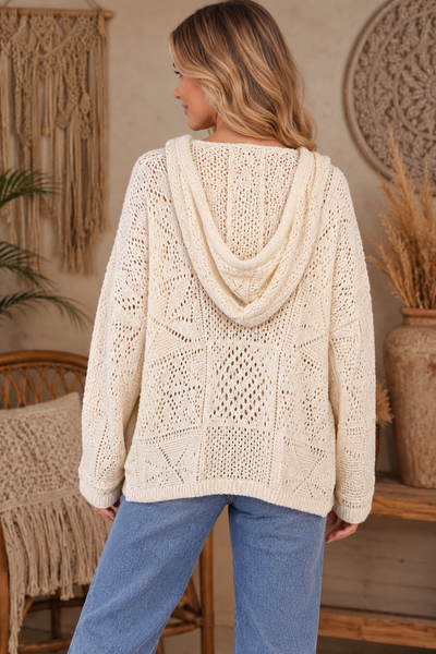 Crochet Multi Knit Pattern Hoodie w/ Pocket - Cream