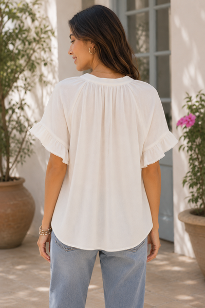 Ruffle Sleeves V-Neck Top - Cream