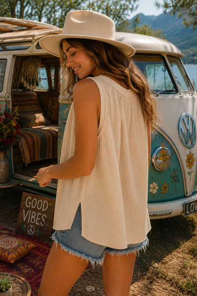 Cotton Gauze Sleeveless Top - Oat