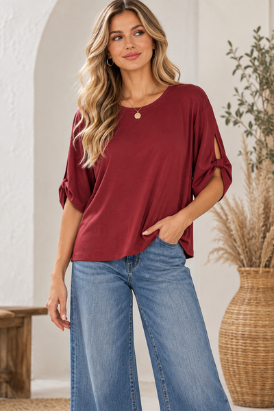 Tie Accent Casual Top - Burgundy