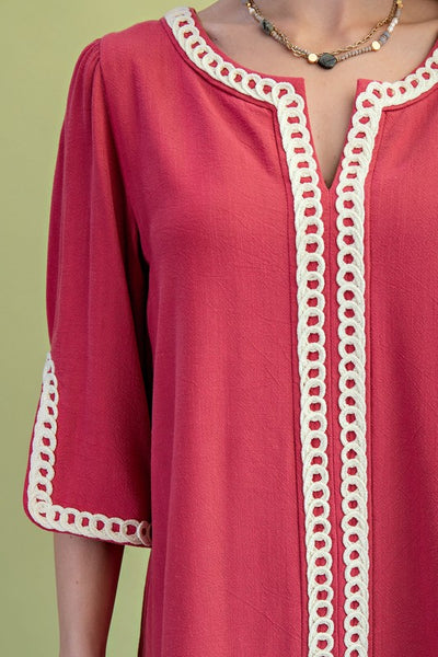 3/4 Sleeve Embroidered Top - Raspberry
