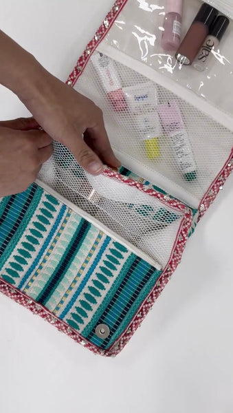 Mary Grace Striped Cotton Toiletry/Cosmetic Bag - Teal/Pink