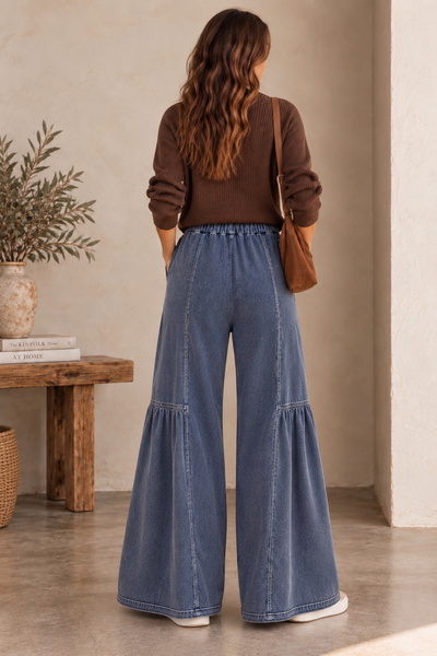 Tiered Wide Leg Drawstring Pants - Denim Blue