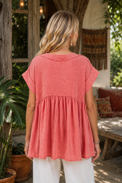 Mineral Wash Babydoll Top - Coral