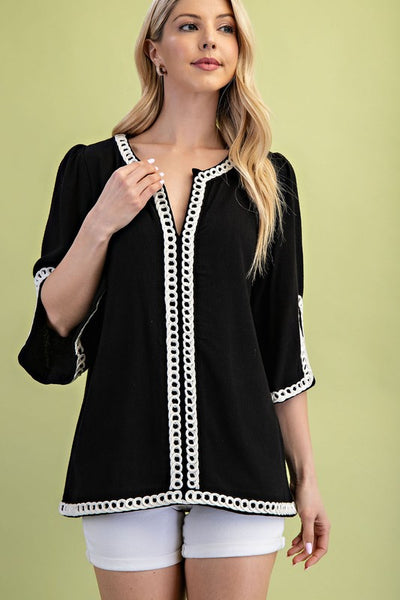 3/4 Sleeve Embroidered Top - Black
